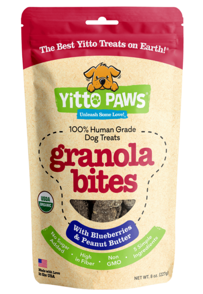Yitto Paws organic dog Blueberry Granola Bites front of pouch
