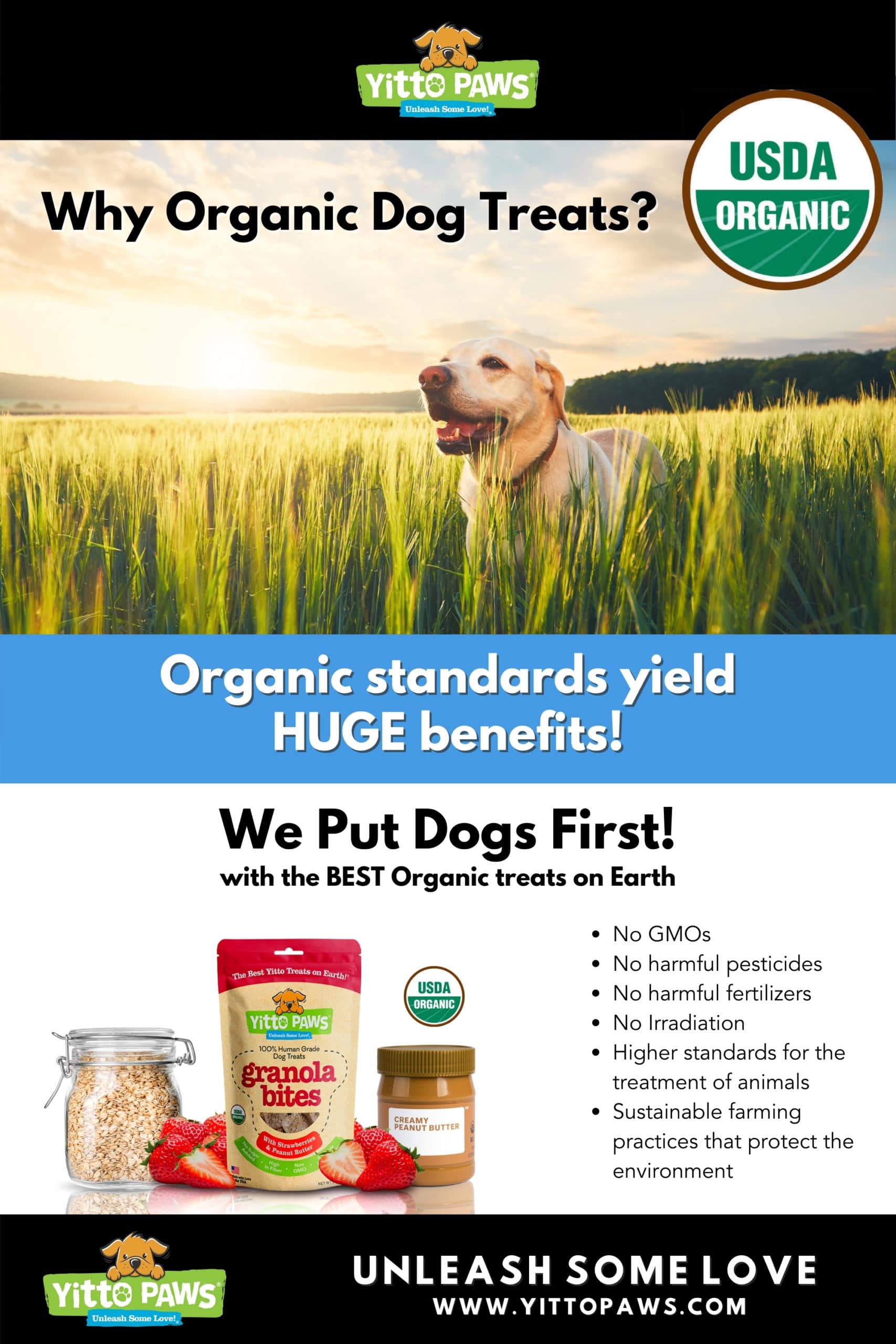 Why are organic dog treats important? Organic standards yield HUGE benefits for dogs and our environment!