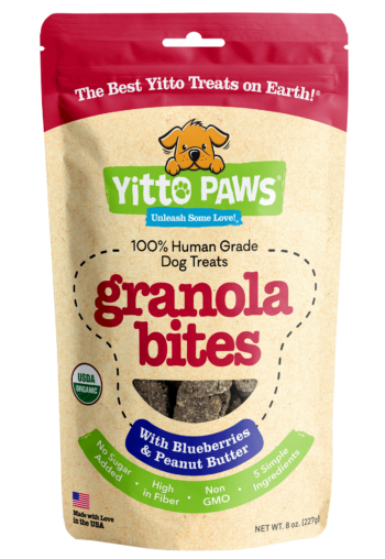 Yitto Paws organic dog Blueberry Granola Bites front of pouch