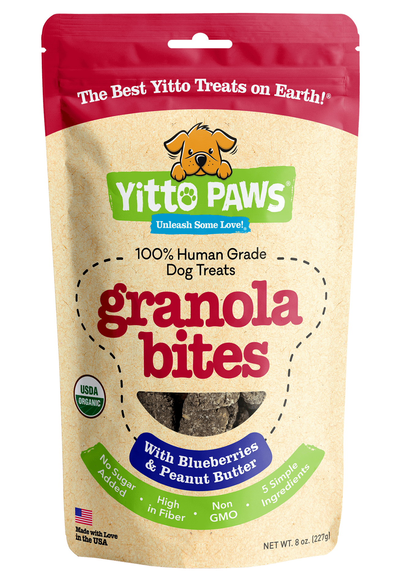 Yitto Paws organic dog Blueberry Granola Bites front of pouch